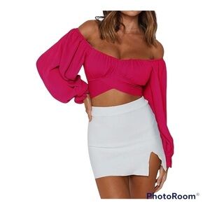 LYANER Women's Cute Off Shoulder Long Sleeve Self Tie Knot Crop Tube Top Blouse